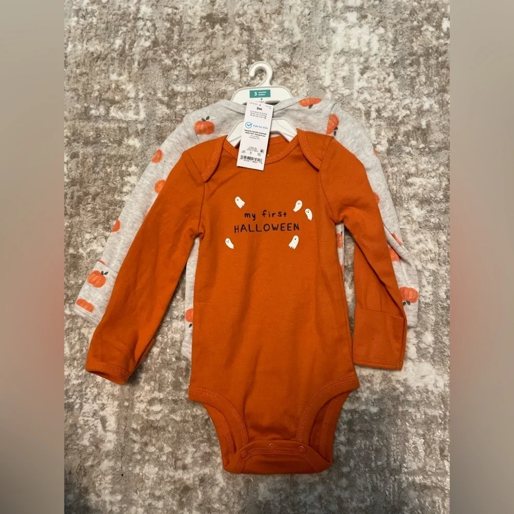 Carter's Pumpkin Orange My First Halloween Bodysuit set of 2 size 3M -NWT